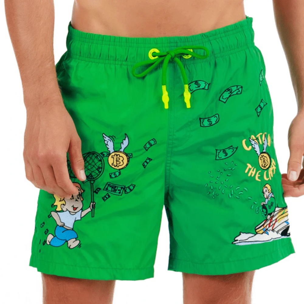 Bain de Mer St Tropez Mens Catch the Dollar Swim Trunks Green Bitcoin 2XL NWT